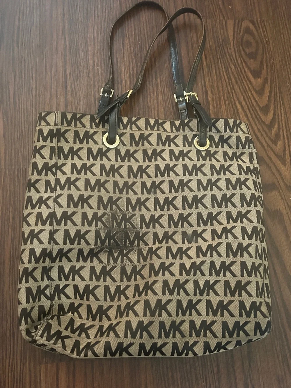 Michael Kors Brown and Beige MK Logo Tote with Black Straps, used